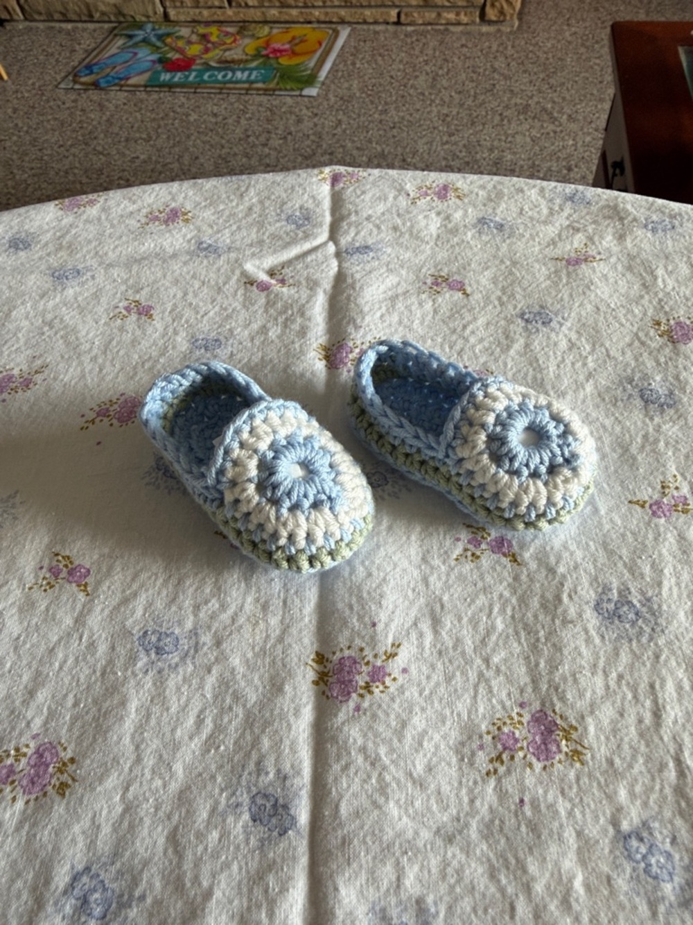 Handmade Baby Crochet Moccasins in Light Blue & White